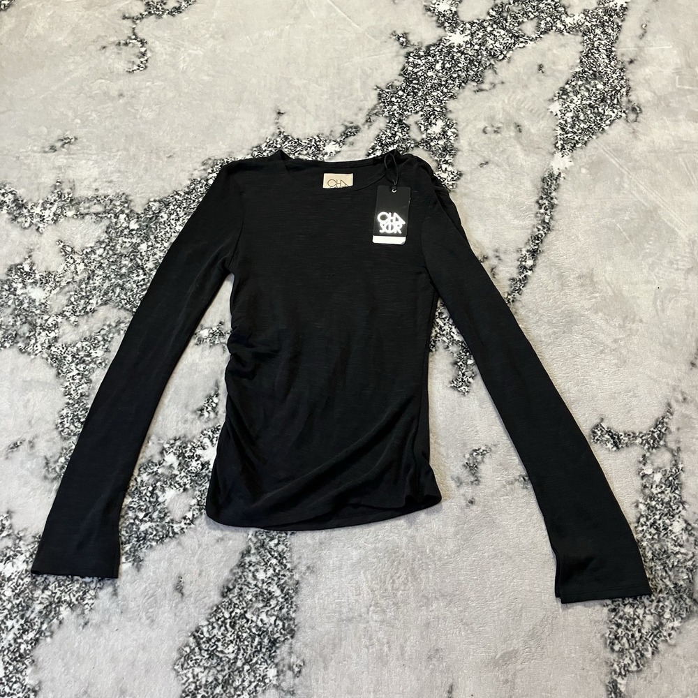 Chaser Shirt Womens Size XS Black Side Ruched Long Sleeve Tee Basic‎